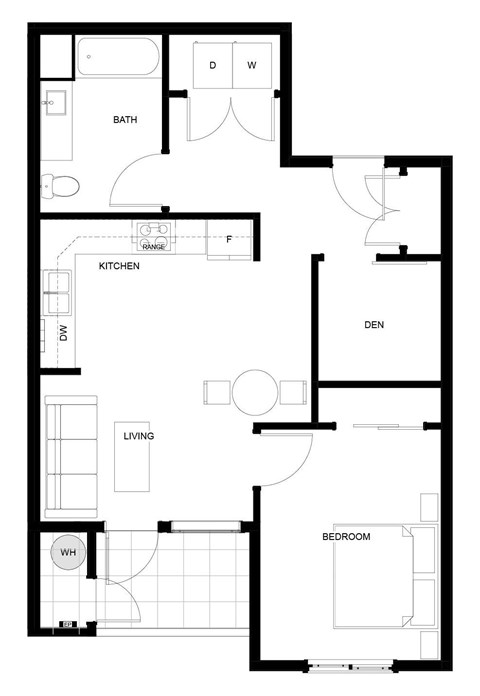 Floor plan for 1 bed, 1 bath, 693 sqft
